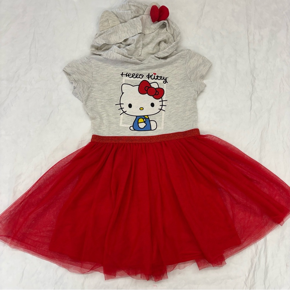 Hello Kitty Sanrio Girls' Hooded‎ Tulle Dress Size Small Red Gray Cat Ears